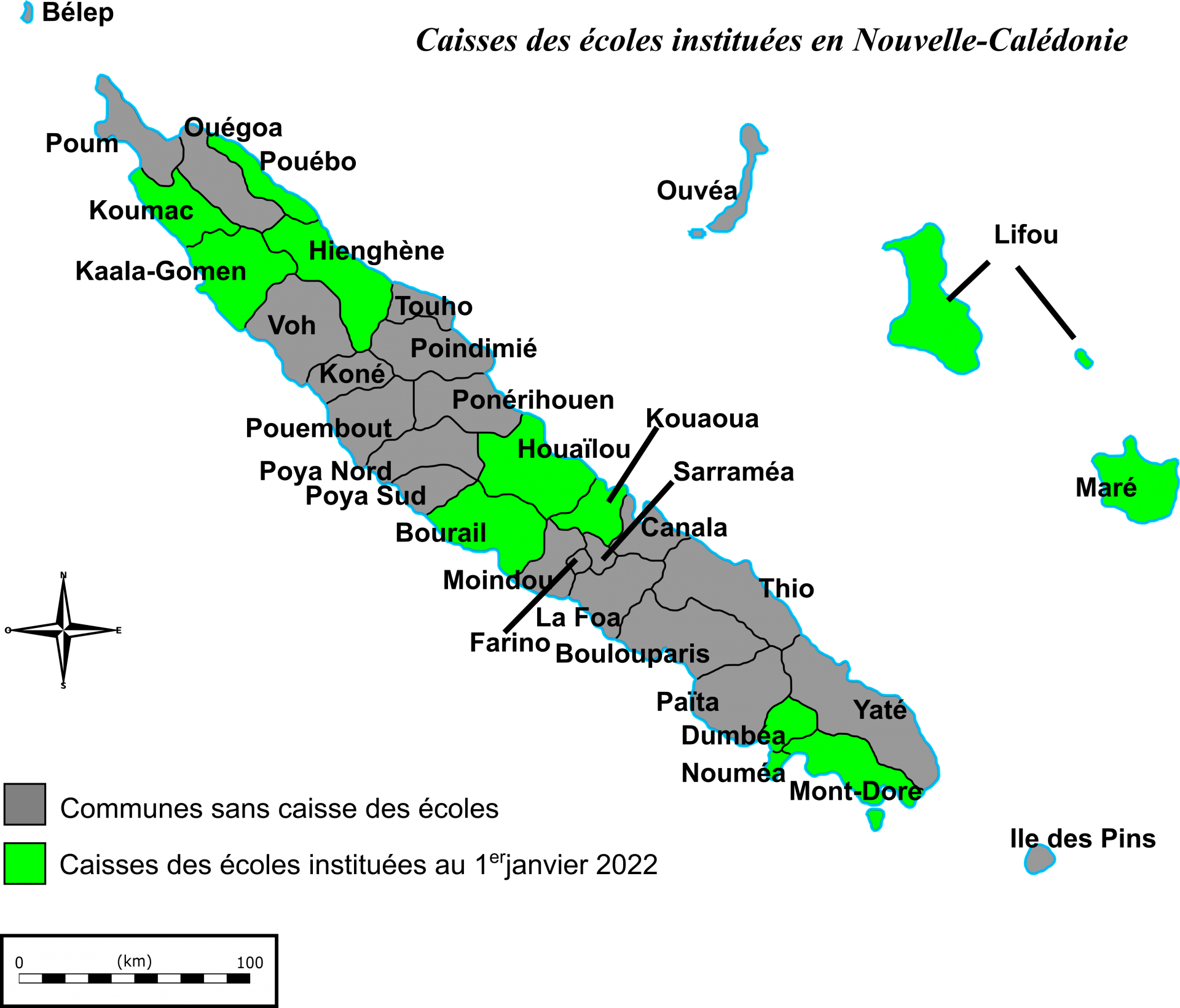 Carte des Caisses des écoles de Nouvelle-Calédonie.